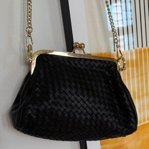 Elegant Black Woven Clutch with Gold Chain